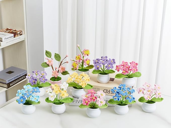 Knitting Crochet Flowers Potted Flower, Fake Forget Me Not Flowers Gift for Teacher, Friend, Family and Lover, Cute Decor for Room, Car Dashboard, Home Office Decoration(Pink Peach Blossom)