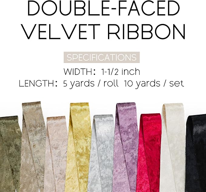 Velvet Ribbon Ivory Cream 1-1/2 inch Wide Double-Sided Glossy Fabric Ribbons for Christmas Tree Decor Gift Wrapping Flower Bouquet DIY Crafts 10Yd
