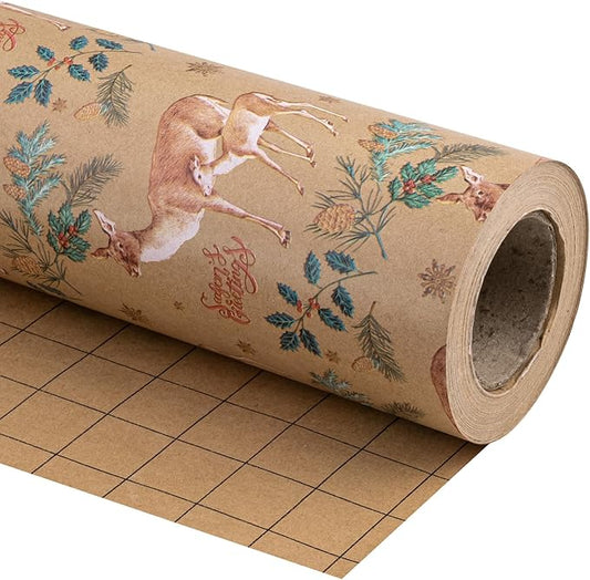WRAPAHOLIC 30 Inch Kraft Christmas Wrapping Paper - 30 Inch x 33 Feet - Reindeer Wrapping Paper with Holly Design for Christmas, Holiday, Party Celebration