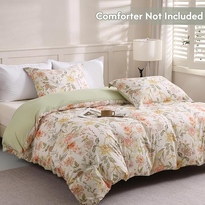 LONAVA King Floral 3 Pcs Duvet Cover Set, Breathable Soft Microfiber Glass Green Lining Comforter Cover with Zipper Closure, and 2 Anti-Pilling, Fade Resistant Pillowcases, Fall Floral
