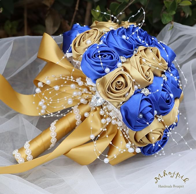 Bridal Wedding Bouquet Round Bling Brooch Bouquet Throw Toss Artificial Rose Flower Bunch for Bride Bridesmaid Wedding Quinceanera(Royal Blue & Gold, 6.3")