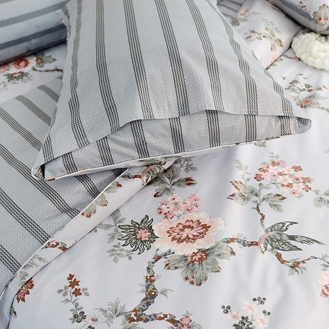 FADFAY Duvet Cover Set Twin XL Elegant Floral College Bedding Shabby Grey Bird Print Flower Quilt Cover Set 100% Cotton Soft Comforter Cover Set with Zipper Closure 3Pcs, Twin XL Size for Dorm Room