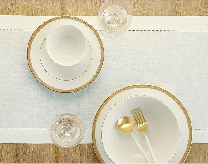 Solino Home Linen Ivory Table Runner 156 Inches Long - 100% Pure Linen Extra Long Table Runner 14 x 156 Inch for Spring, Easter - Classic Hemstitch