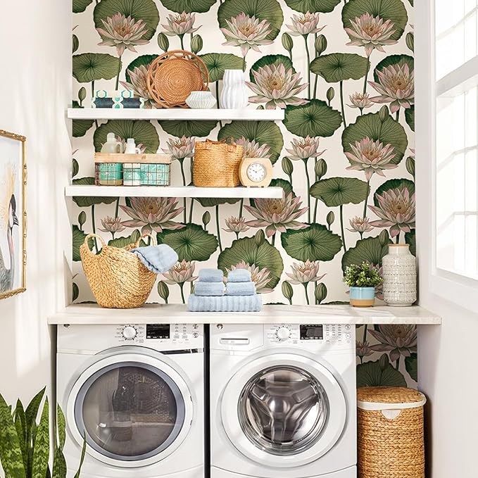 Orainege Floral Wallpaper Peel and Stick Floral Contact Paper Boho 16.9inx196.8in Lotus Flower Wallpaper Removable Self Adhesive Wall Paper for Bedroom Cabinets Decorative