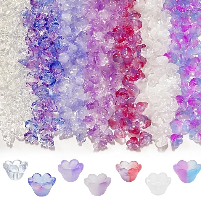 LadayPoa 350pcs Glass Bellflower Beads for Jewelry Making Trumpet Flower Beads Gradient Clear Cute Bead for Bracelets Making Aesthetic Bead Charms for DIY Necklace Decoration-Purple Series