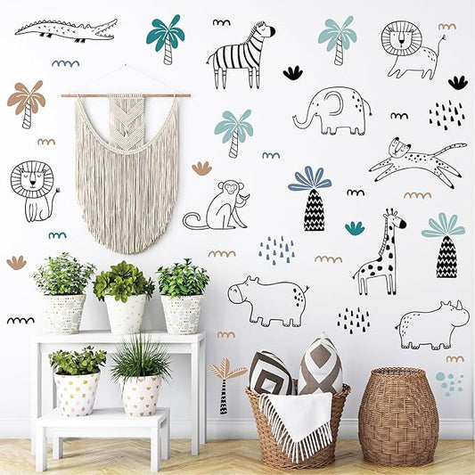 AOWDIAO Safari Wildlife Animal Wall Decals Line Art Peel & Stick Decor for Kids’ Room & Nursery