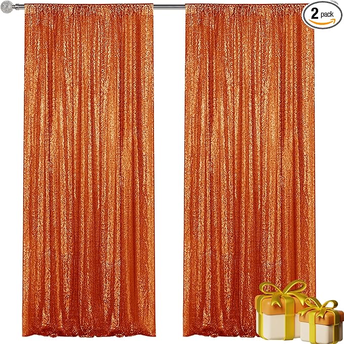 Orange Sequin Backdrop Curtain 2 Pieces 2FTx8FT Glitter Photography Backdrop for Party Wedding Birthday Christmas Decorations
