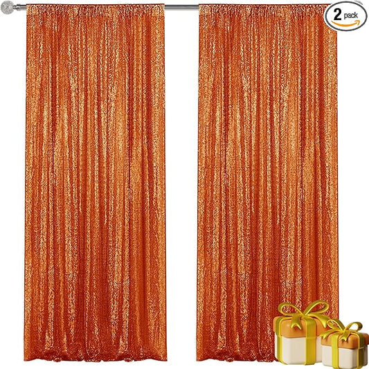 Orange Sequin Backdrop Curtain 2 Pieces 2FTx8FT Glitter Photography Backdrop for Party Wedding Birthday Christmas Decorations