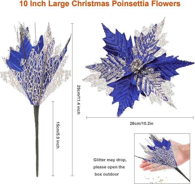 10'' Large Christmas Glitter Poinsettia Flowers Decorations, stadeco 10 Pcs Christmas Tree Picks Ornaments Artificial Flowers with Long Stems for Xmas Tree Wreath Garland Wedding Party DIY Decor
