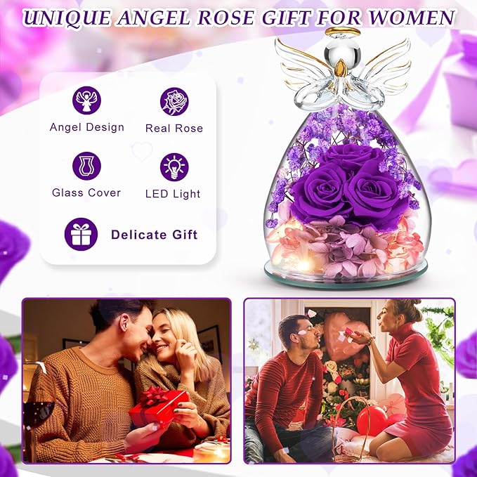 Beferr Christmas Birthday Gifts for Women, Mom Gifts for Christmas Fresh Flowers for Delivery Prime Forever Preserved Rose in Glass Angel Figurine Xmas Gifts for Grandma Wife Sister Her, Purple