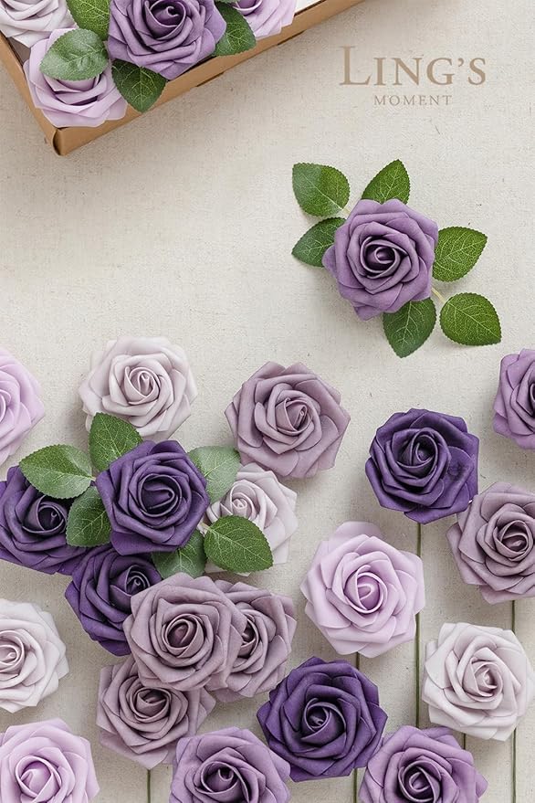 Ling's moment Artificial Flowers, 25Pcs 3" Roses in Purple Shades, Realistic DIY Foam Floral Decor for Wedding Bouquets/Centerpieces, Outdoor Party Backdrops, Room/Table, and Garden/Pot Decorations