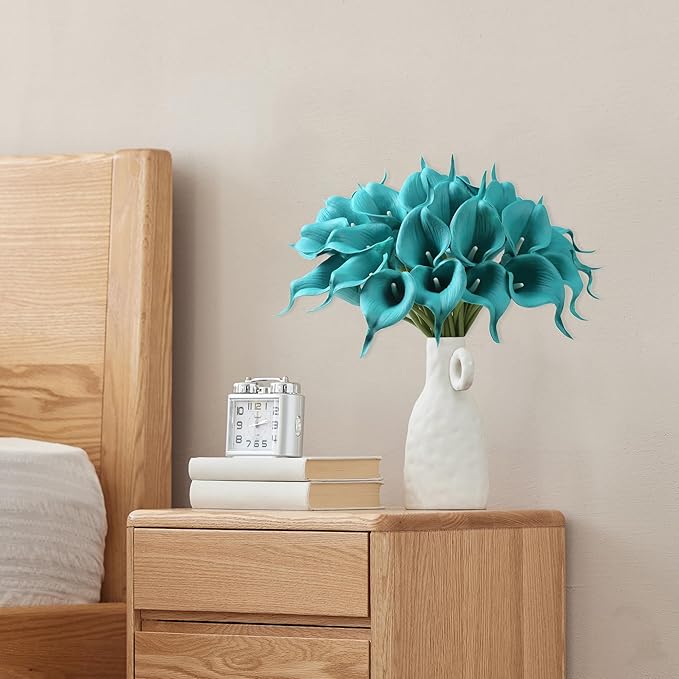 SITUMEIZI 24 PCS Teal Fake Flowers Artificial Calla Lily Silk Flowers Real Touch for Mother's Day Easter Home Kitchen Decor Wedding Bouquet Office Spring Decoration(Teal Blue)