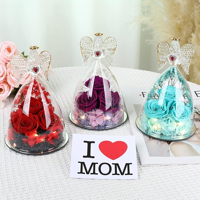 Mothers Day Rose Gifts for Women, Large Angel Figurines with Real Roses, Preserved Real Flower Rose for Her - Red