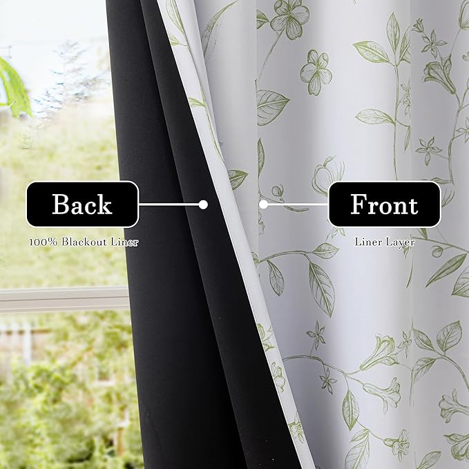 ChrisDowa 100% Blackout Floral Curtains 72 Inches Long 2 Panels for Bedroom Living Room Sage Green Flower Patterned Room Darkening Thermal Insulated Soundproof Grommet Window Treatments Drapes,52X72