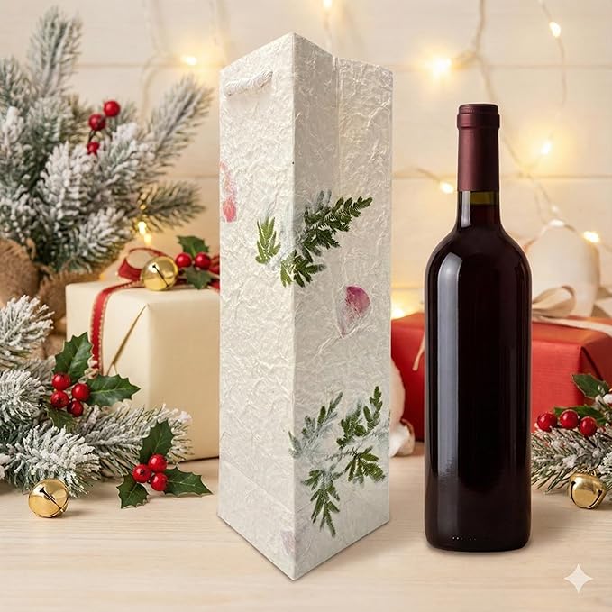 Paperry 14" Floral Wine Gift Bag, Handmade Mulberry Paper, Multiple Design, Kozo Paper Bag, Reusable, Eco-Friendly, Single Pack (Flower)