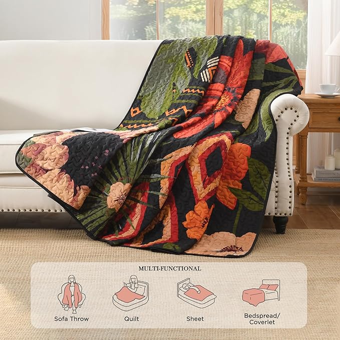 Andency Floral Boho California King Quilt Bedding Set Black, 3 Pieces Farmhouse Flower Botanical Summer Oversized King Bedspreads, Soft Reversible Lightweight Microfiber Coverlet Set, 104"x112"