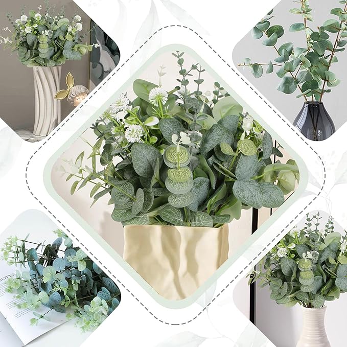 Artificial Eucalyptus Leaves Stems 120 Pcs 4 Kinds Mixed Fake Silver Dollar Eucalyptus Leaves Stem with Dandelion Bulk Faux Leaf for DIY Bouquets Floral Arrangement Wedding Home Decor