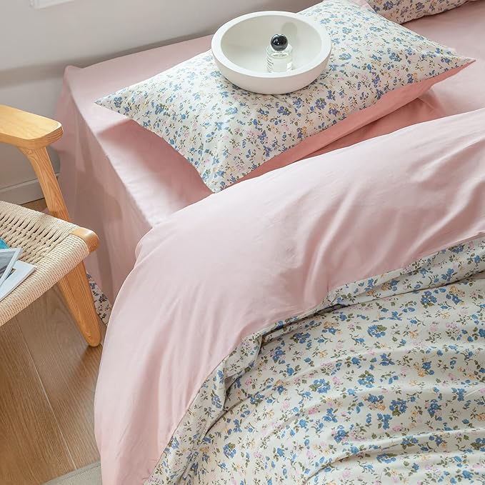 EAVD Vintage Style Garden Botanical Floral Duvet Cover Queen Soft 100% Cotton Pink Blue Yellow Floral Bedding Set with 2 Pillowcases Chic Botanical Duvet Cover with Zipper Closure