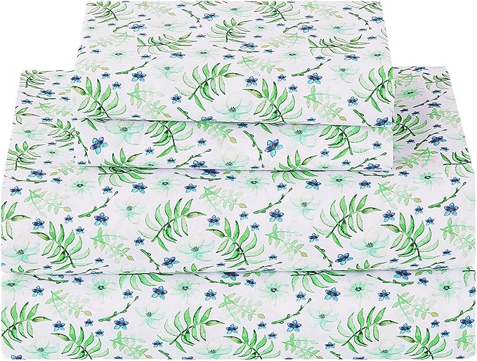 Softan Green Floral Full Sheet Set, Cozy Botanical Microfiber Printed Fitted Bed Sheet with 15" Deep Pockets & Non-Slip Straps, Fresh Greenery Blooms Patterned Sheets & Pillowcase Set