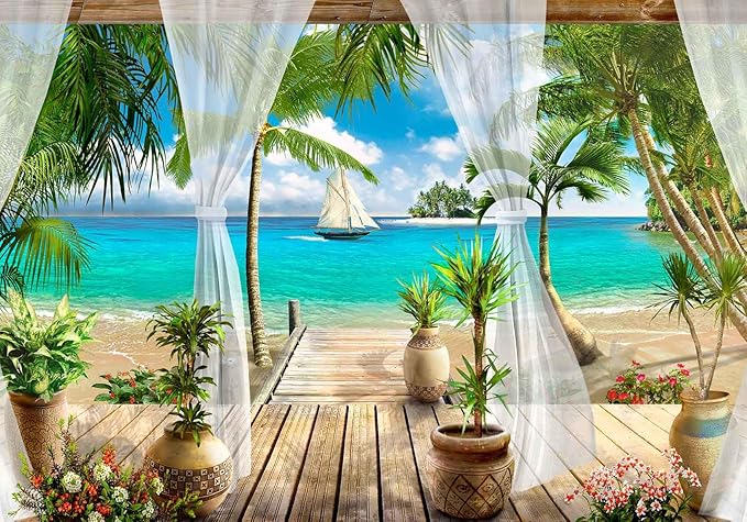 Tropical Beach Seascape Wallpaper Mural Blue Seawater Palm Tree Wall Mural for Bedroom Livingroom(Not Self-Adhesive)