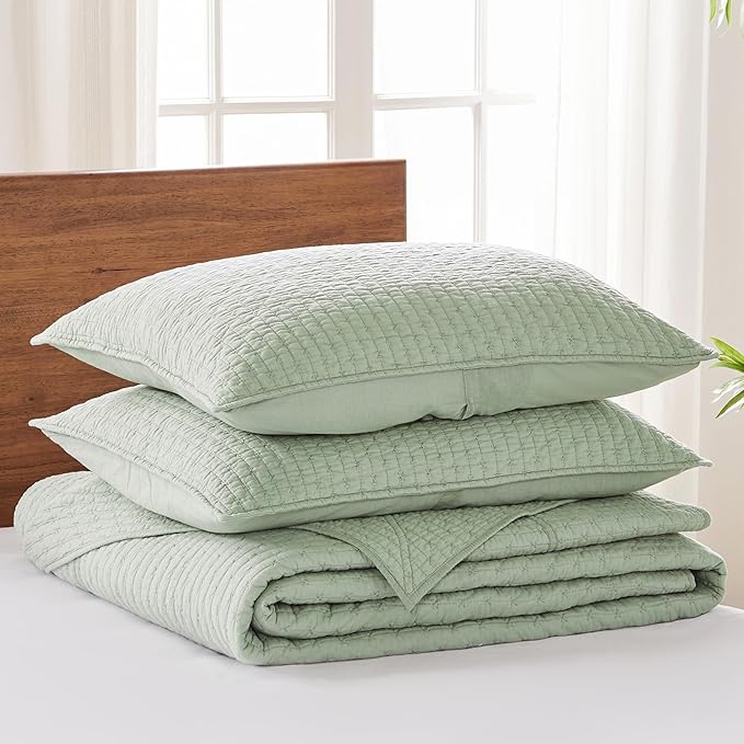 Levtex Home Cross Stitch Reversible Full Bedspread Set (100x104in) with 2 Pillow Shams (26x20in) - Stitch Texture - Desert Sage - Cotton Full Size Bedspread Set - Lightweight, Soft, Pre-Washed