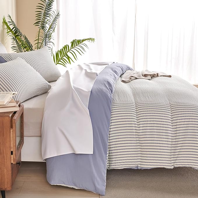 King Size Duvet Cover Blue Striped Washed Microfiber Jacquard 3 Pieces Bedding Set, White Blue Vertical Ticking Stripes Pattern Comforter Cover with Zipper Closure Breathable Durable Soft Comfy