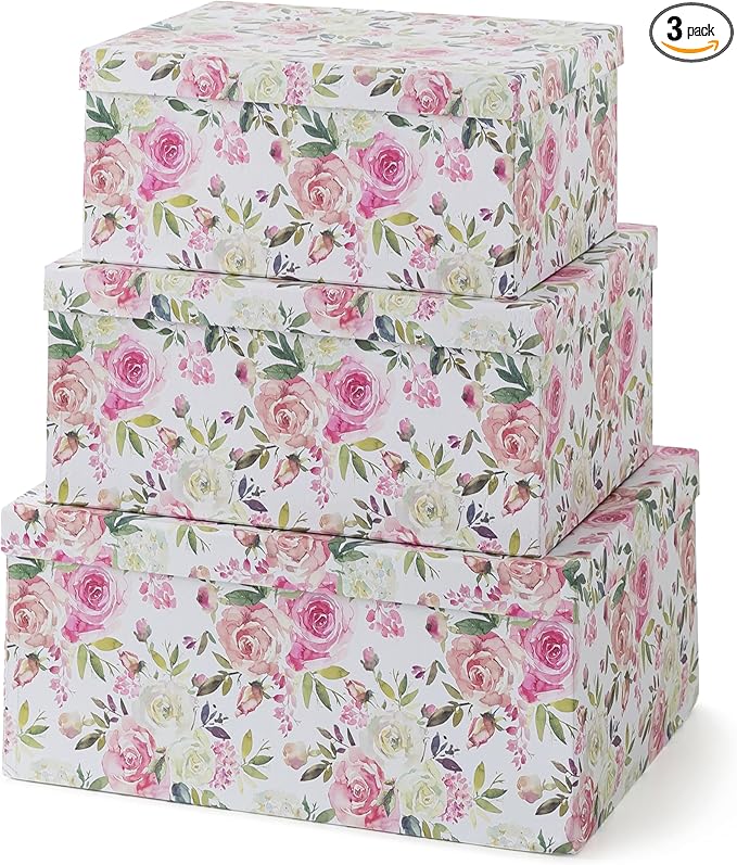 Soul & Lane Decorative Storage Cardboard Boxes with Lids | Summer Rose - Set of 3 | Floral Paperboard Nesting Boxes