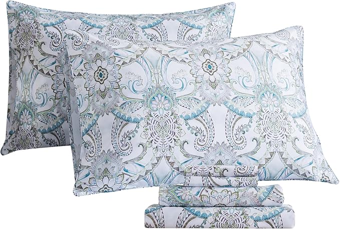 FADFAY Blue Paisley Sheets Set Twin Classic Boho Paisley Bedding Luxurious Bohemian Damask Paisley Bed Sheet Breathable 100% Egyptian Cotton 800 Thread Count Deep Pocket Fitted Sheet 4Pcs, Twin Size