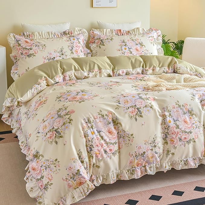 Ruffle Floral Duvet Cover Set 100% Cotton Queen Size, Shabby Blush Pink Cream Rose Comforter Cover, Satin Weave, Soft & Breathable, French Country Cottagecore Bedding 3Pcs-Not Comforter