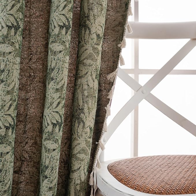 ENJOYBRIDAL Green Leaf 84 Inch Curtains 2 Panel Set Farmhouse Floor Length Drapes Semi Sheer Rod Pocket Bedroom Rustic Window Curtain Panels Living Room Boho Aesthetic Country Tassel Window Treatments