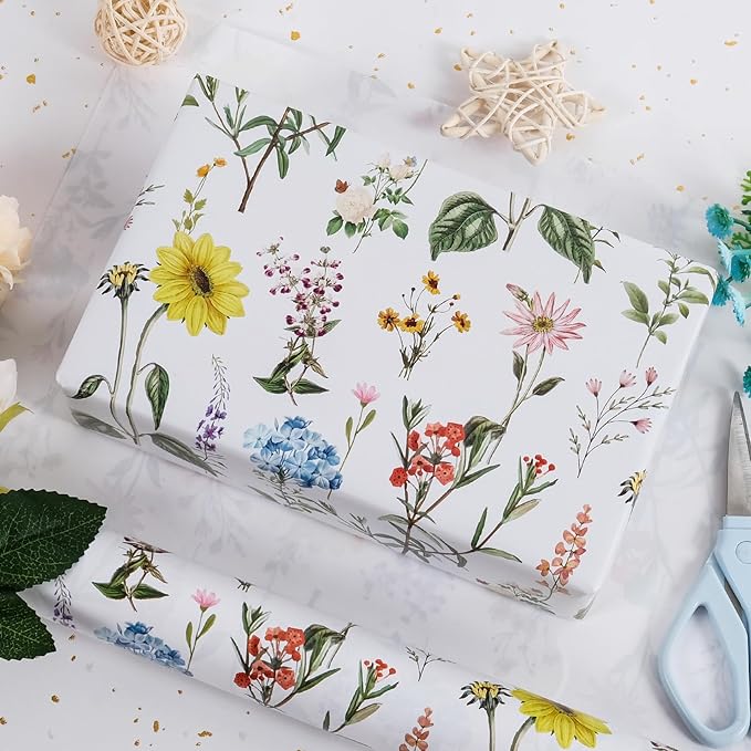RayofSun Floral Wrapping Paper Roll 17 in x 16.5 ft Mini Roll Yellow Flower Wildflowers Plants Gift Wrap Paper for All Occasion Wedding Birthday Bridal Shower Party Baby Shower Christmas