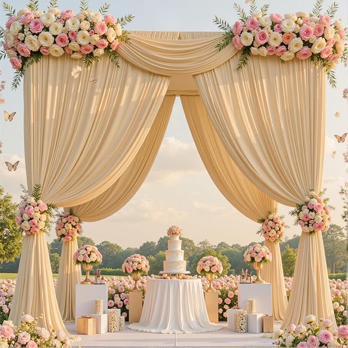 gogoparti 20ft x 12ft Beige Wrinkle-Free Backdrop Curtain for Wedding Parties, Thick Polyester 4 Panels 5x12ft for Wedding Birthday Baby Shower Halloween Photography Party Background