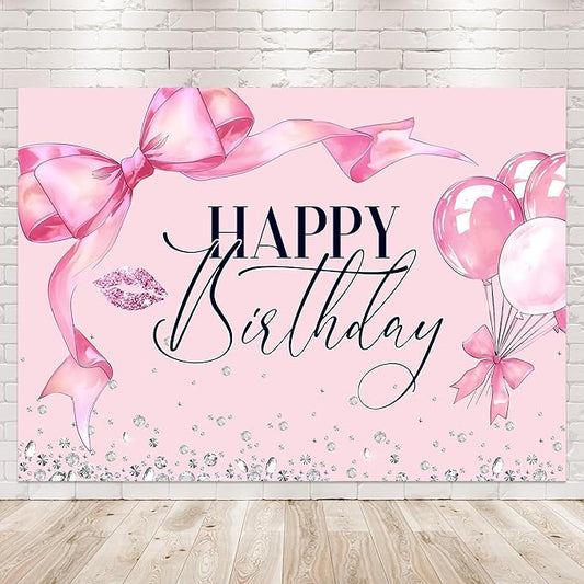 Pink Bow Happy Birthday Backdrop 7Wx5H Photography Bowknot Balloons Coquette Birthday Lips Diamond Balloons Background Woman Bachelorette Party Decorations Banner Photo Booth Props Supplies