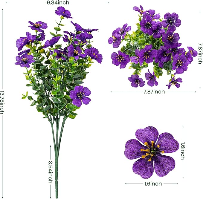 20 Bundles Artificial Flowers for Outdoor Fake Plants for Spring Decoration,Faux Eucalyptus Flowers for Planter UV Resistant Lifelike for Home Porch Garden（Purple）