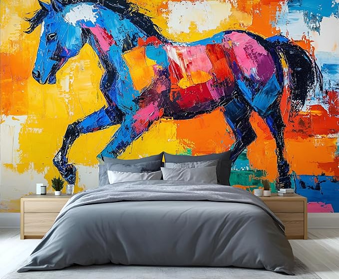 Abstract Horse Wall Mural, Colorful Horse Art 3D Wall Murals, Bold Abstract Animal Wallpaper Mural, for Living Room Bedroom Large Wallpaper Indoor Decor 98.4" W x68.9 H