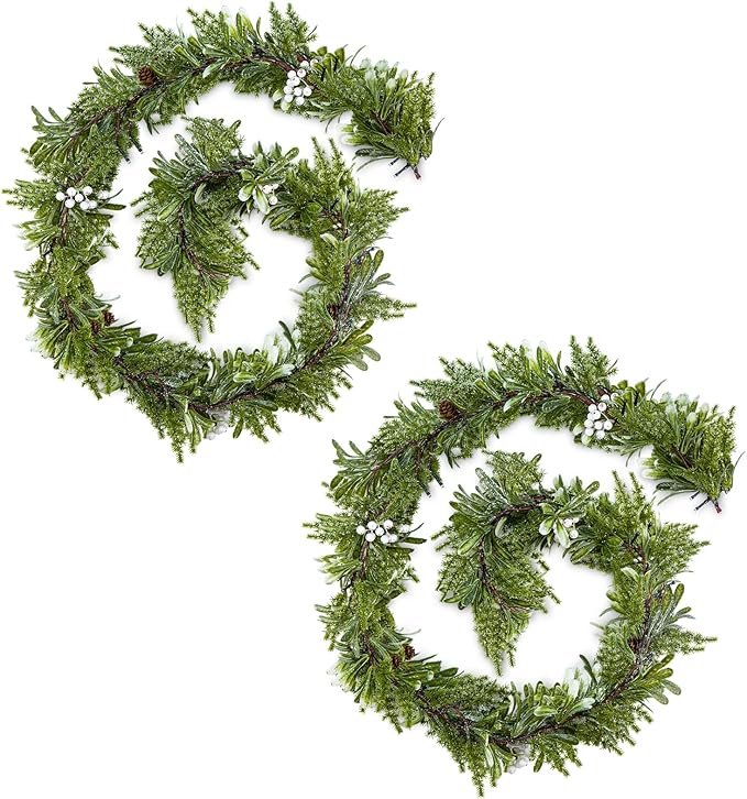 2Pack 6FT Christmas Garland – Artificial Greenery Olive Garland with White Berries, Pinecones & 20 Warm LED Timer Lights – Holiday Garland for Home, Wedding, Party Decorations