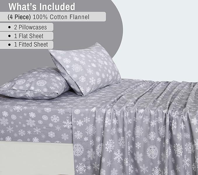 RUVANTI Flannel Sheets Full Size - 100% Cotton Double Brushed Bed Sheets Set, Deep Pockets 16 Inches, All Seasons Breathable & Extra Soft Full Sheets, Warm & Cozy, 4 Piece, Snowflakes