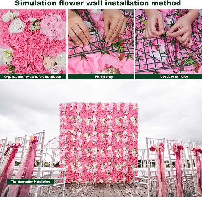 Artificial Flower Wall Panels - 12-Piece Set of 15x15 Inch Silk Roses Floral Backdrop Ideal for Wedding Celebrations, Festive Party Background and Elegant Home Decor -Pink