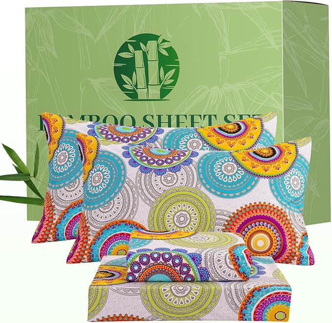Bedlifes California King Floral 4-Piece Sheet Set - Cooling Sheets Blend Rayon Derived from Bamboo,Soft & Breathable, Deep Pocket 16", Wrinkle Resistant - Mandala Patterned