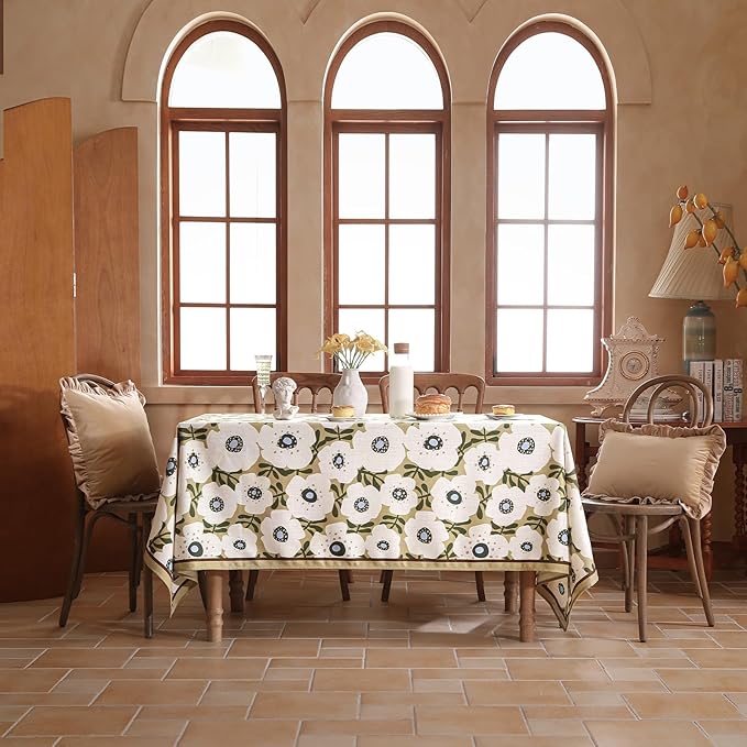 Designer Vintage Small Rectangular Tablecloth,Linen French Tablecloth with White Floral Pattern,Decor Table Cover for Kitchen,Dining,Thanksgiving,Tea Party,55" × 71"-Hidaka