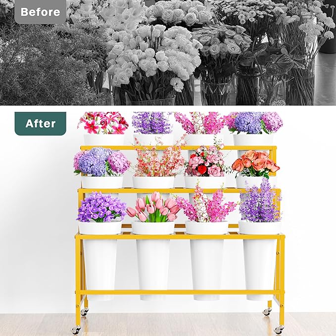 Asee'm Flower Display Stand with 12 Buckets, 3-Tier Flower Stand with Wheels, Heavy Duty Moving Metal Plant Bar Cart Stands Florist Bouquet Shelf for Indoor Outdoor Patio Garden(Gold - Round Bucket)