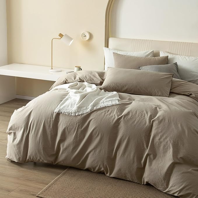 JIYUAN 100% Washed Cotton Duvet Cover Set 3 Pieces Full, 1 Duvet Cover 80x90 Inches(Comforter Not Included) and 2 Pillowcases,Linen Feel Bedding Set Comfy and Breathable,Khaki