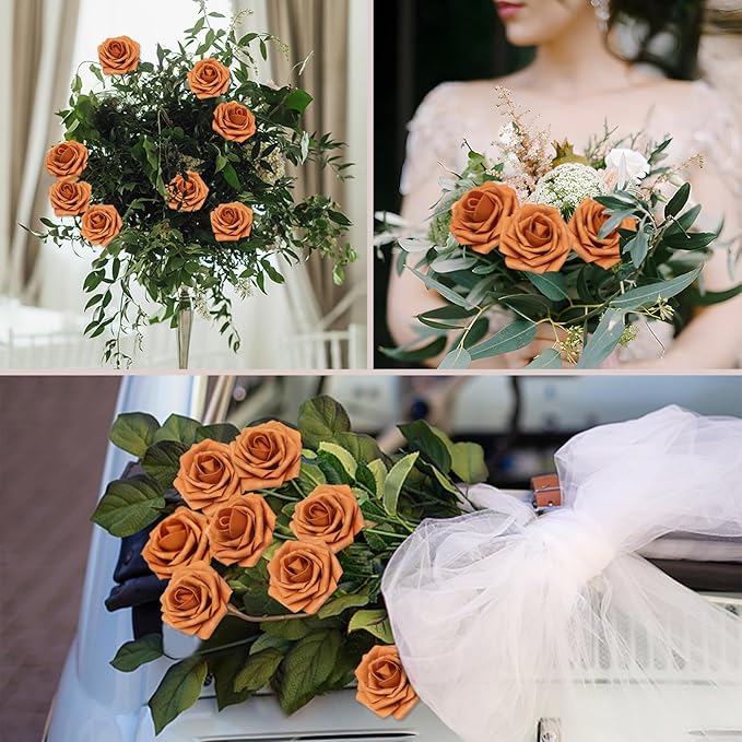 50Pcs Artificial Flowers Gold Sparrow Roses Real Looking Foam Fake Roses with Leaves for DIY Wedding Bouquets Bridal Shower Party Decorations (Gold Sparrow, 50)