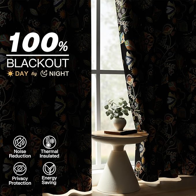 XiDi Dark Black Floral Blackout Curtains 96 Inches Long for Living Dining Room 2 Panels Patterned Curtains Decorative Thermal Insulated Luxury Vintage Flower Botanical Printed Grommet Drapes 52x96