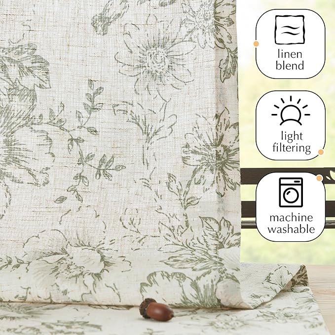 jinachan Pinch Pleated Curtains Floral Linen Blend Curtains for Living Room 108 Inches Length Christmas Green Peony Flower Printed Curtain Rod Pocket Back Tab Farmhouse Drapes with Hooks Set 2 Panels