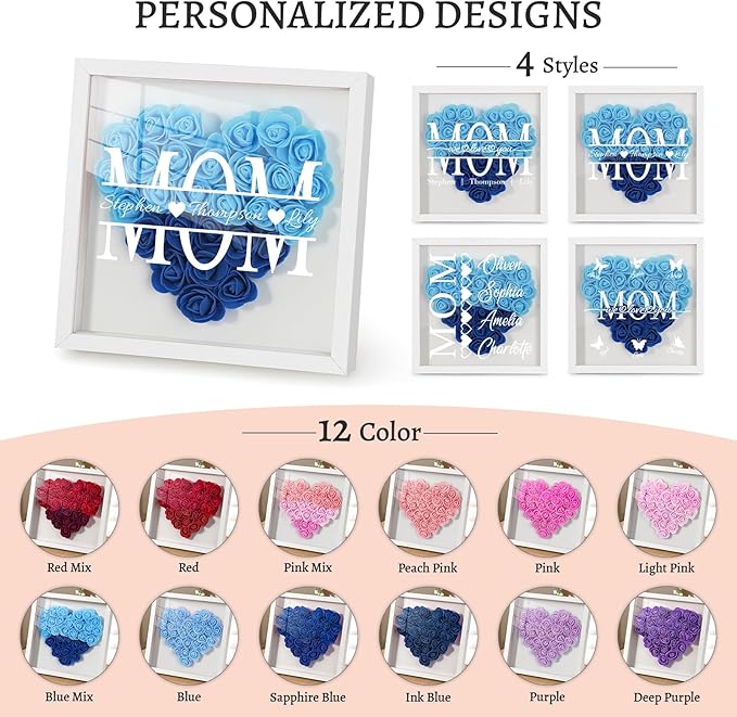 Mom We Love You - Personalized Flower Shadow Box with Names, Christmas Mothers Day Flower Box Gifts for Mom (Style 1-Mom with Names)