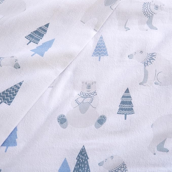 Market & Place 100% Turkish Cotton Flannel Sheet Set | 4 Piece Deep Pocket Novelty Cozy Winter Bed Sheets | Double Brushed for Extra Softness & Comfort | Alpine Collection (Full, Polar Bears)