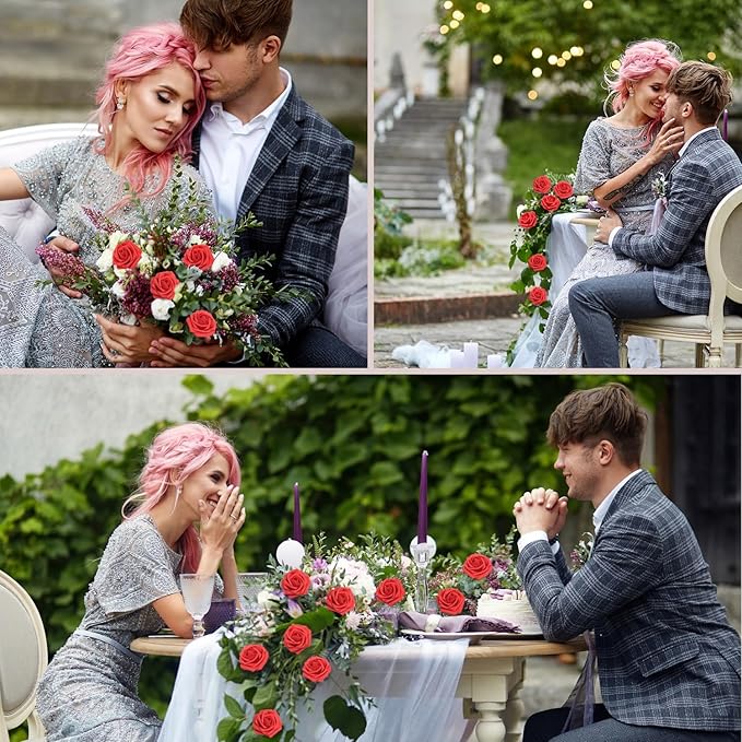 Artificial Flowers Red Roses Real Looking Foam Fake Roses 50PCS with Leaves and for DIY Wedding Bouquets Bridal Shower Centerpieces Party Decorations (Red)