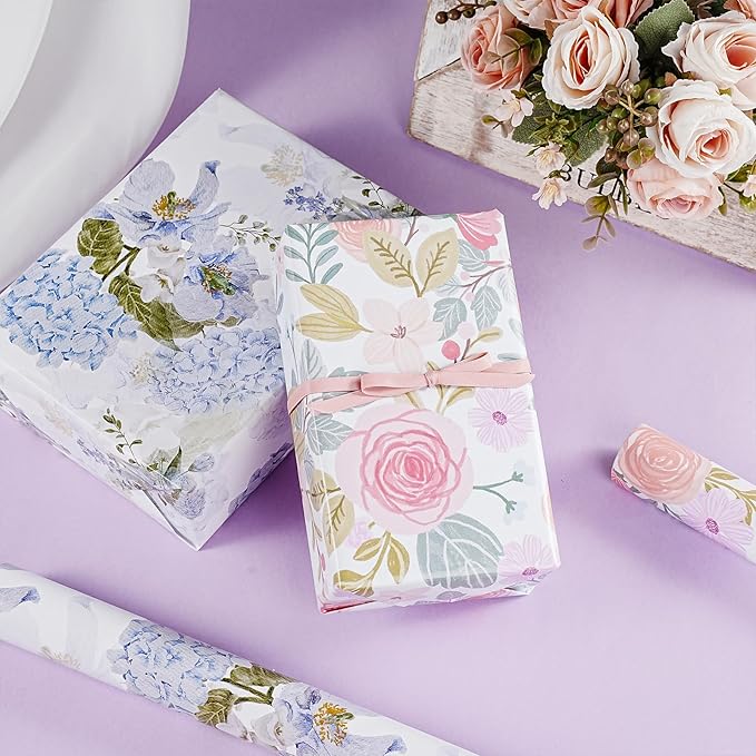 LeZakaa Floral Wrapping Paper Roll, Pink Rose, Flowers & Green Leaves Party Gift Wrap for Wedding, Bridal Shower, Anniversary, Mother's Day, Birthday, 17 inches x 16.4 Feet (23.2 sq.ft.)