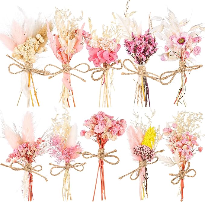 10 Pack Mini Dried Flower Bouquets Pink Series Natural Small Dry Flowers with Stem Boho Wedding Decor Artificial Floral Embossing Flower Bundles for Craft Vase, Table Centerpieces, Proposal Bouquet